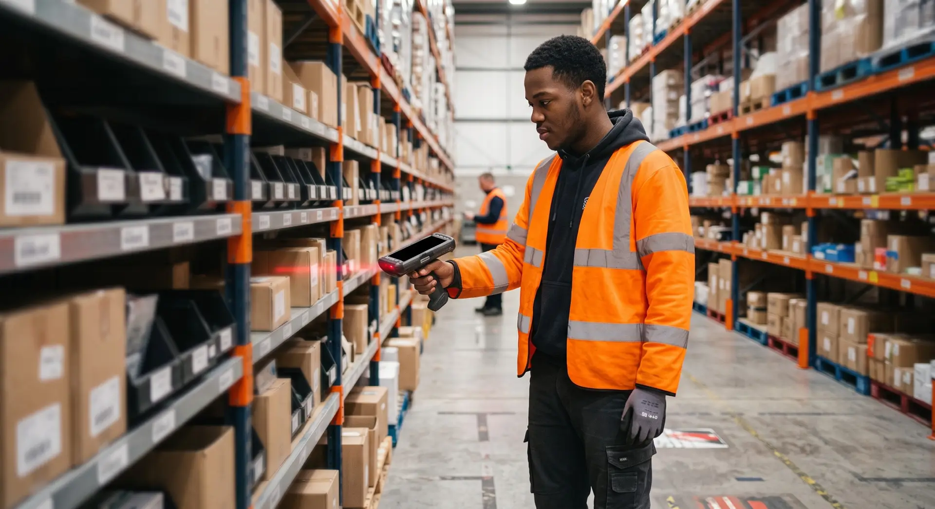 Warehouse operative scanning a shelf label with a handheld barcode scanner in a parts aisle